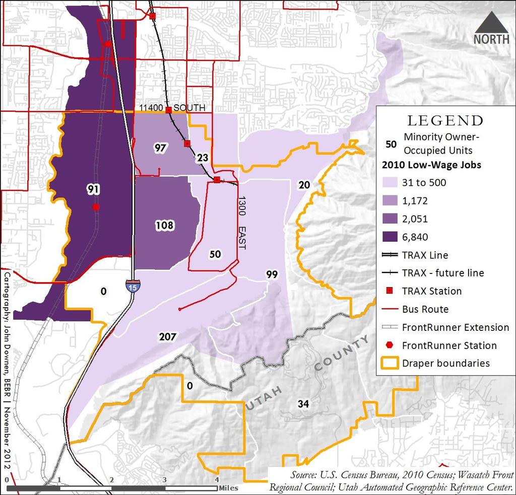 Figure 7 Minority Owner-Occupied Units and Proximity to Low-Wage Jobs in Draper, 2010 Figure 7 juxtaposes the density of low-wage jobs (in shades of purple) with the number of minority owner-occupied