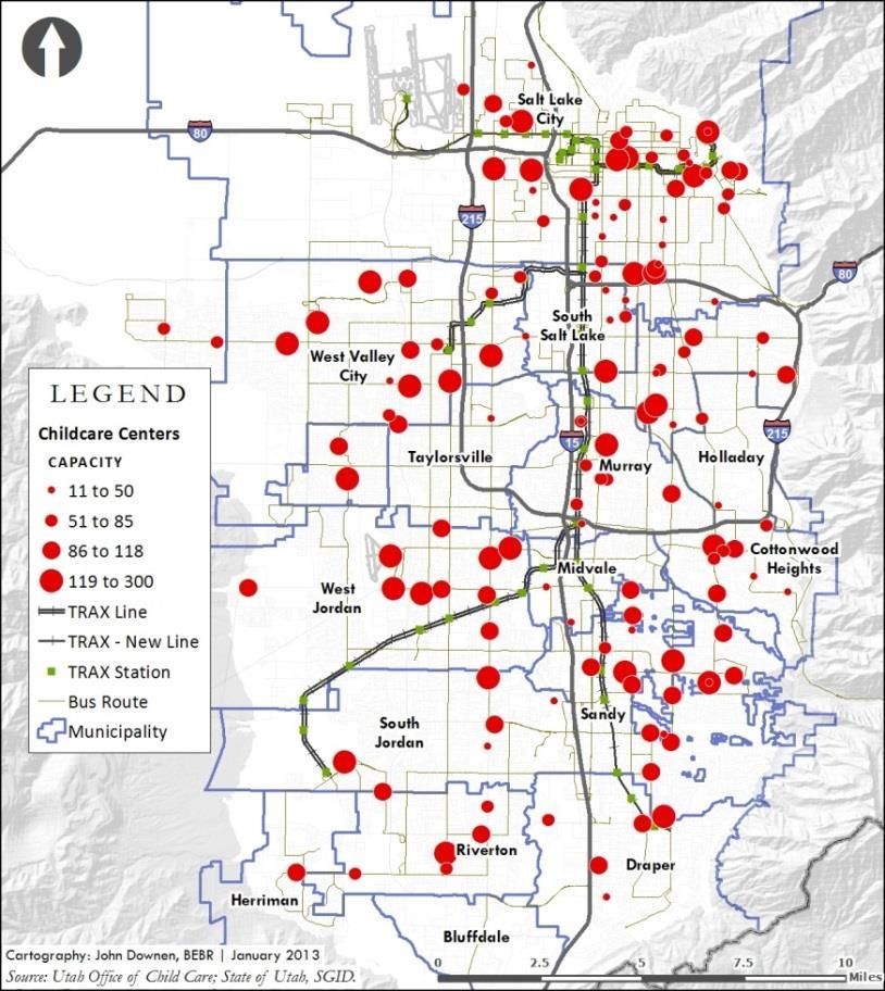 Figure 26 maps the active childcare centers in Salt Lake County by capacity. The larger the dot is on the map, the higher the maximum capacity of the facility.