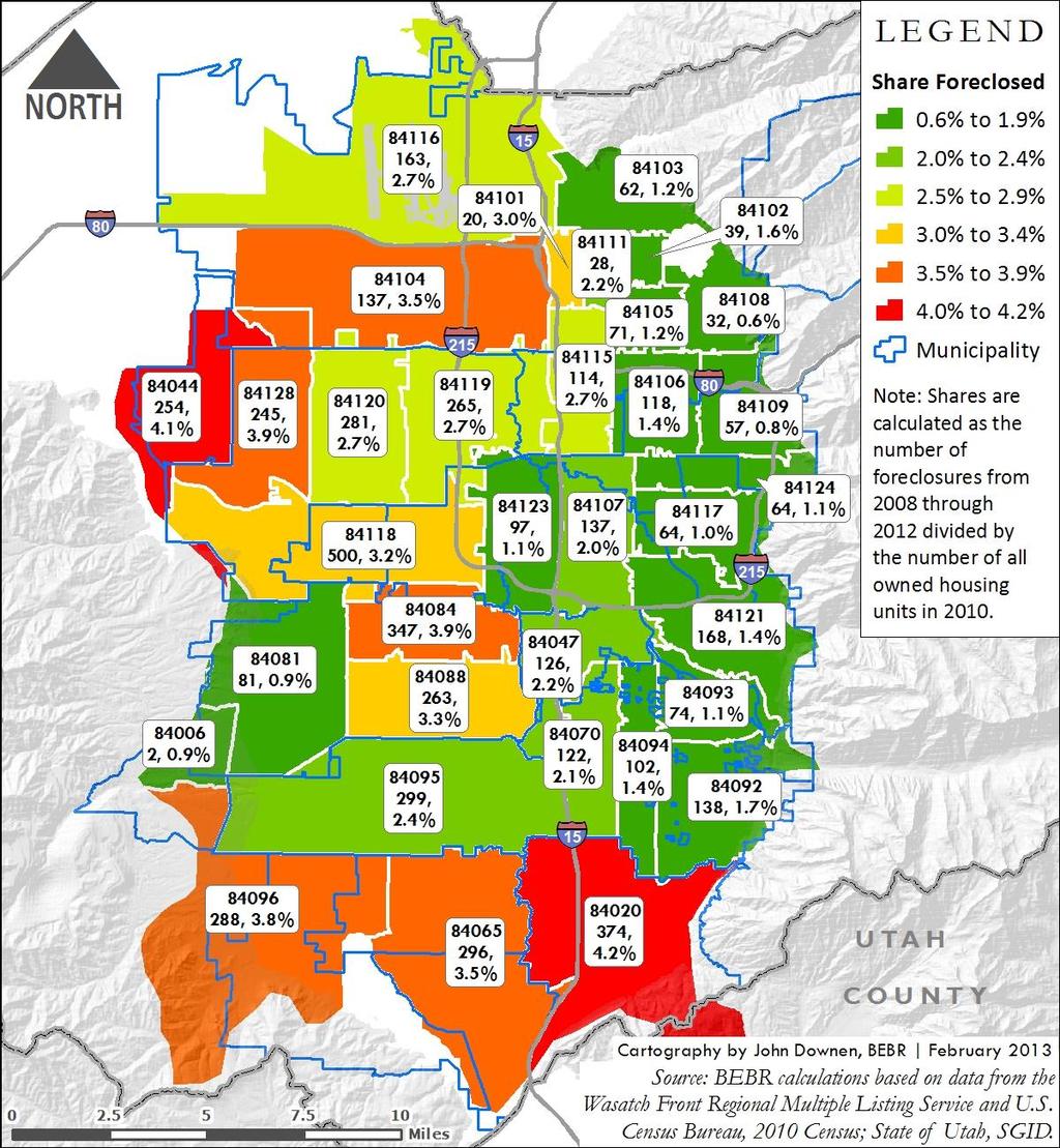 Figure 36 maps the share of the foreclosed homes in each zip code in Salt Lake County, based on the 2010 owned housing stock and Zip Code Tabulation Areas (ZCTAs) from the U.S. 2010 Census.