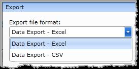 The Export pop-up window displays. From the Export pop-up window, select a file format from the Export File Format: drop-down list. The default is Excel Export.