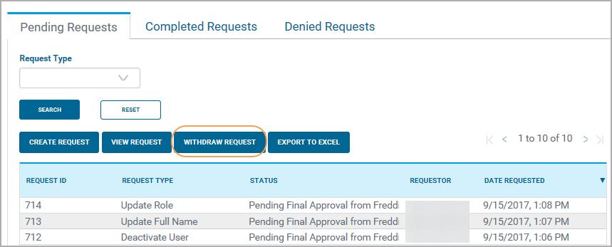 Customer Administrator View Request button To view details on a current request, select and highlight any request from the list of pending requests and click View Request.