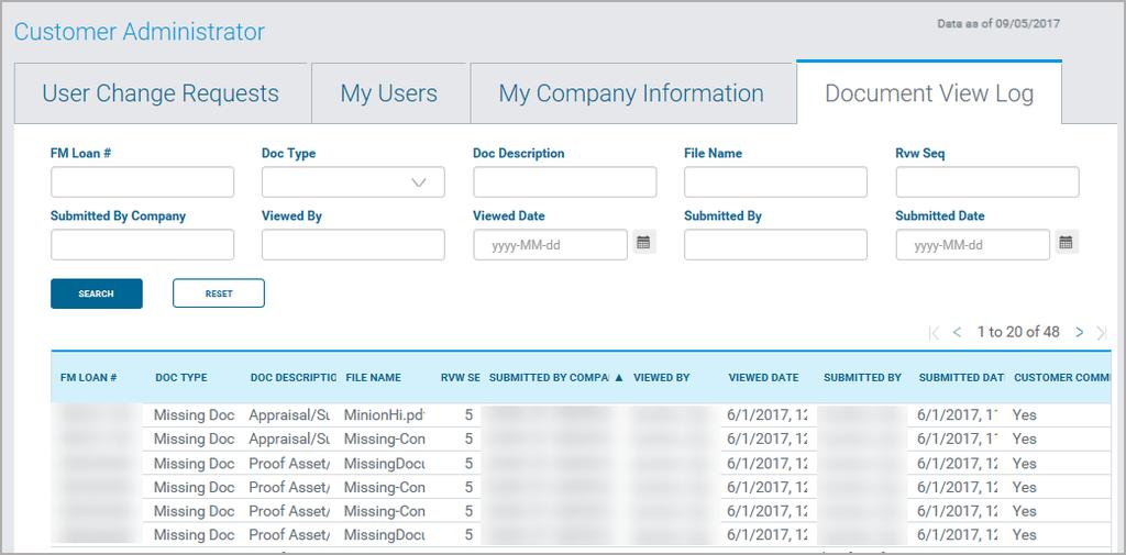 Document View Log The Document View Log tab provides the Customer Administrator with the ability to monitor what the Users, associated with their Seller/Servicer number, are viewing.