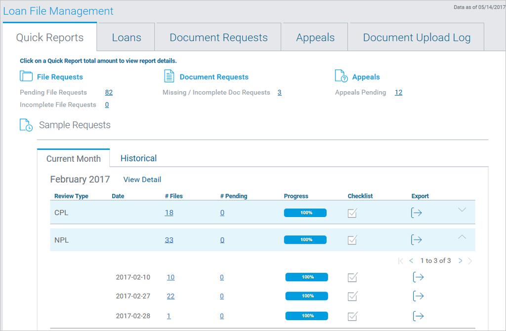 Loan File Management To view any of the report details, click the applicable blue link under
