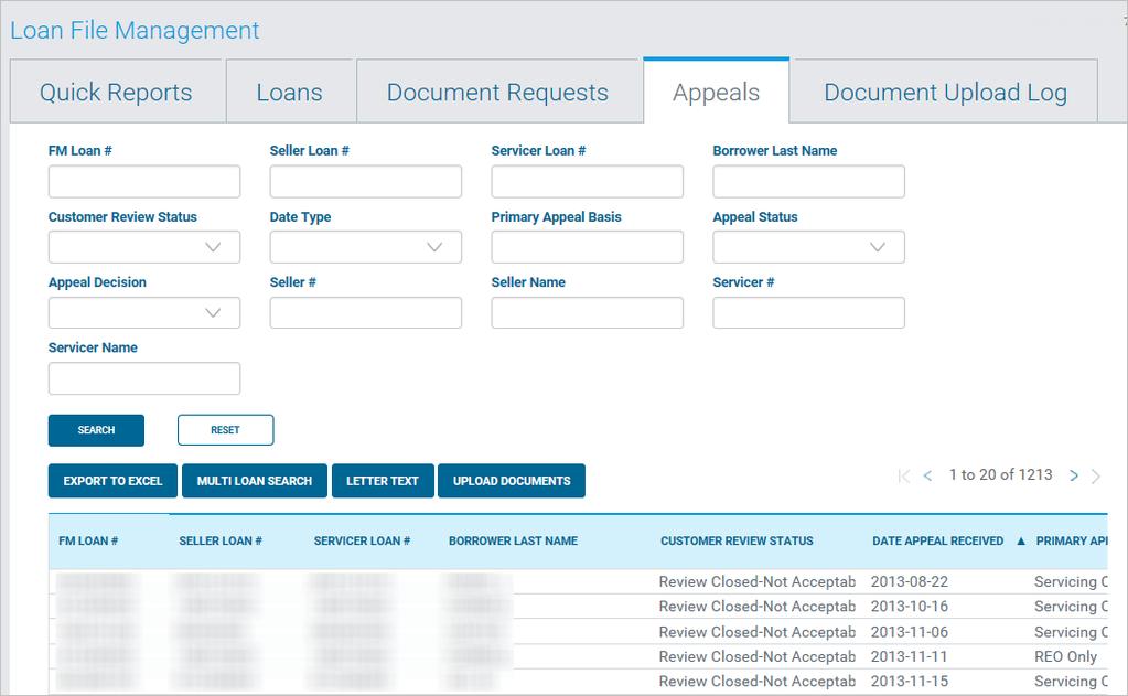 Loan File Management Appeals The Appeals tab provides a list of loans with an appeal. Seller/Servicers can view basic information about the appeal and status.