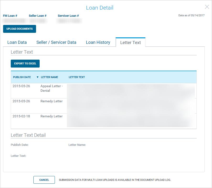 Loan File Management Letter Text sub-tab: To view letter text for a specific loan, select the Letter Text subtab. You can use this page to complete the following actions: Upload documents.