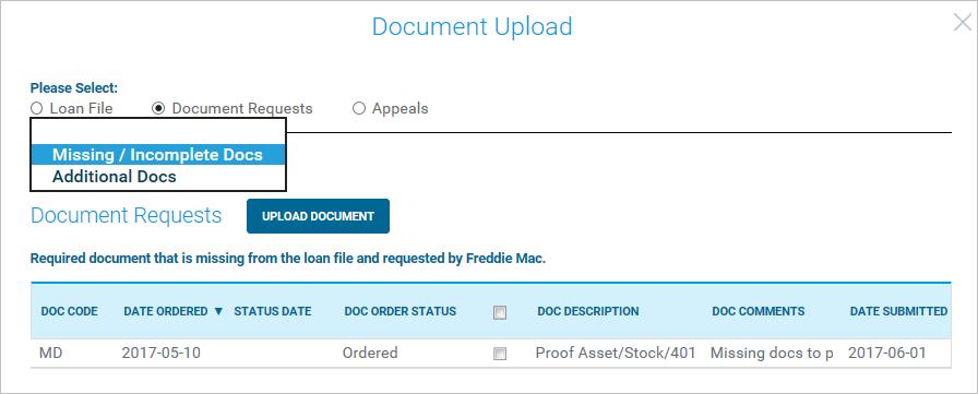 Loan File Management Document Requests Select Missing/Incomplete Docs and the page displays the Document Requests section.