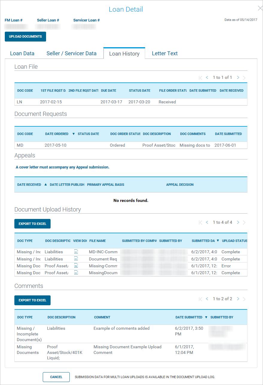 Loan File Management Loan History tab After documents are successfully uploaded, the date the documents were uploaded displays in the Date Submitted column.