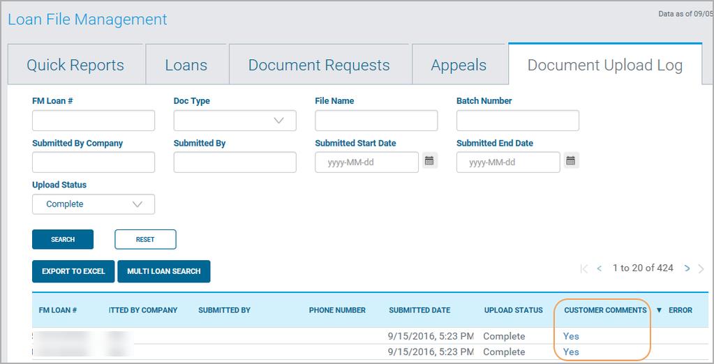 Loan File Management View Comments: Comments display on the Loan Detail screen below the Document Upload History section.