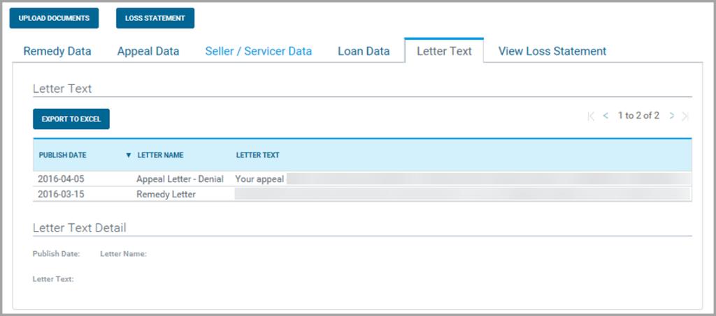 Remedy Management Seller / Servicer Data sub-tab: To view Seller / Servicer data for a specific loan, select the Seller / Servicer Data sub-tab.
