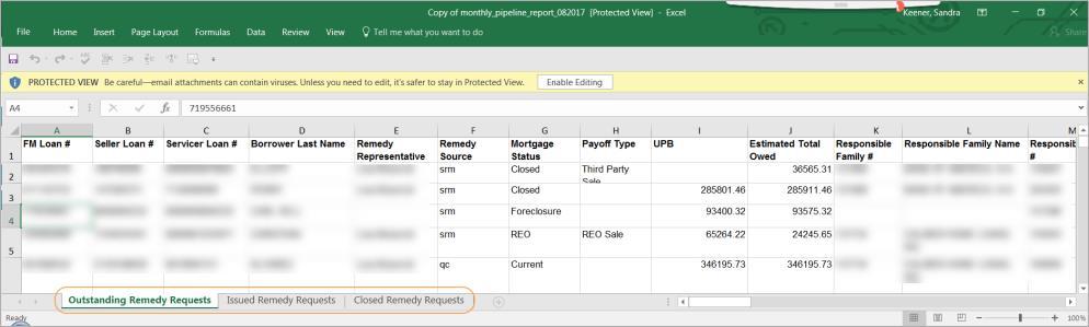 Month End Pipeline Report: The Month End Pipeline Report is provided in an Excel file format and includes the following three tabs