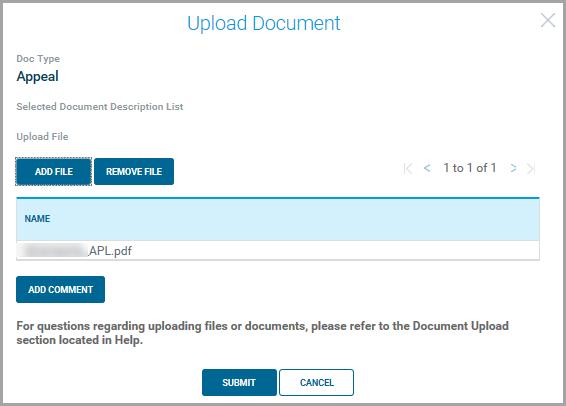 Remedy Management The Upload Document pop-up window redisplays with the selected file. Click Save. A new Upload Document popup window displays with the file listed.