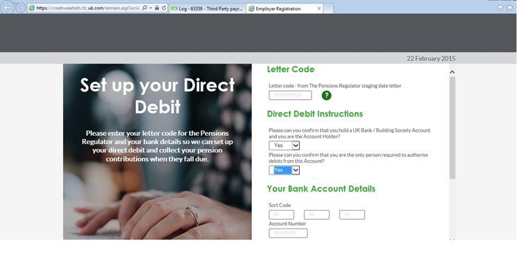 If direct debit questions are answered yes, bank details
