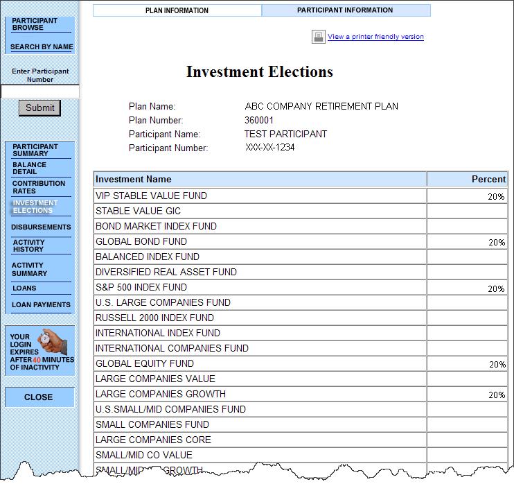 Investment Elections The Investment Elections screen displays the breakdown of the participant s investment elections by investment.