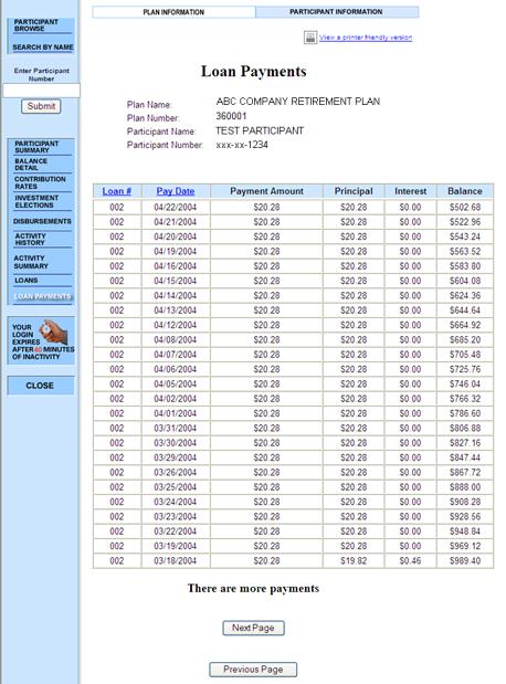 Loan Payments The Loan Payments screen displays the participant s loan payment history. Records may be sorted by loan number or by pay date (the two left columns).