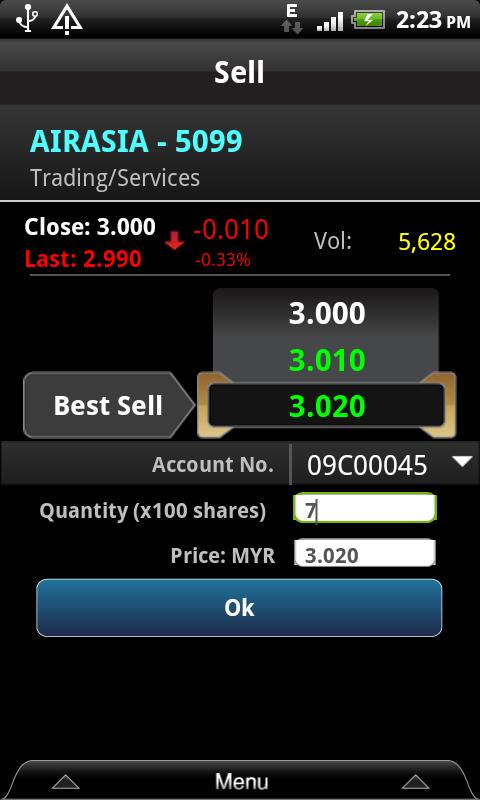 To Place a Sell Order Repeat steps in To Place a Buy Order, substituting every occurrence of Buy with Sell. 1. From the Stock detail screen, tap the Sell button. Figure 49.