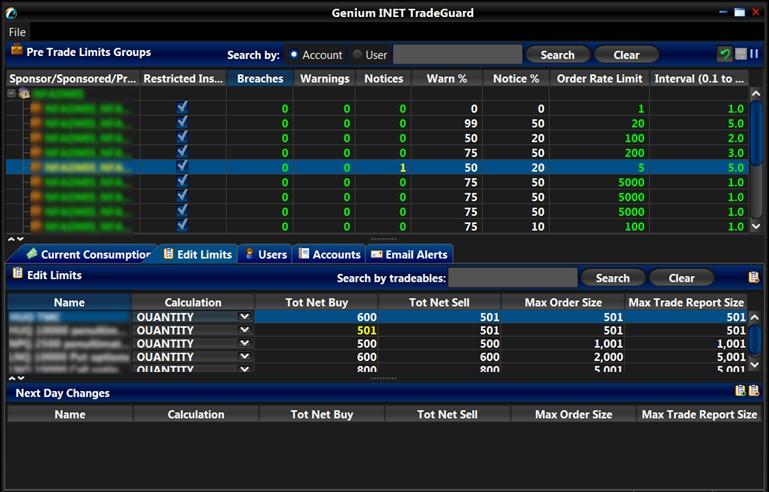 Editing Limits Overview Edit Limits Tab The risk exposure for a given tradeable limit will be all activity for that tradeable from all users or accounts in the Pre-Trade Limits Group.