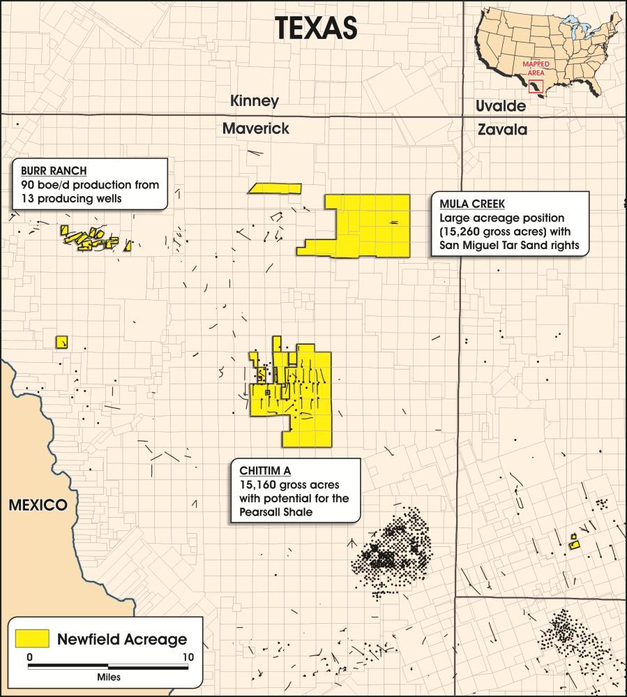 Newfield Maverick County Primarily operated interest in 41,000 gross / 18,500 net acres in several projects in Maverick County Three key areas with potential future development: Burr Ranch