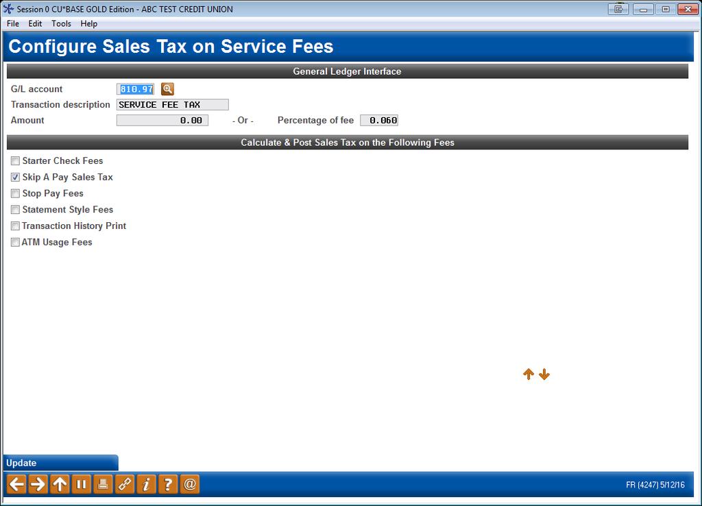 SALES TAX If your state requires that sales tax be configured for the service of skipping a loan payment, this can be configured in the Sales Tax configuration screen.