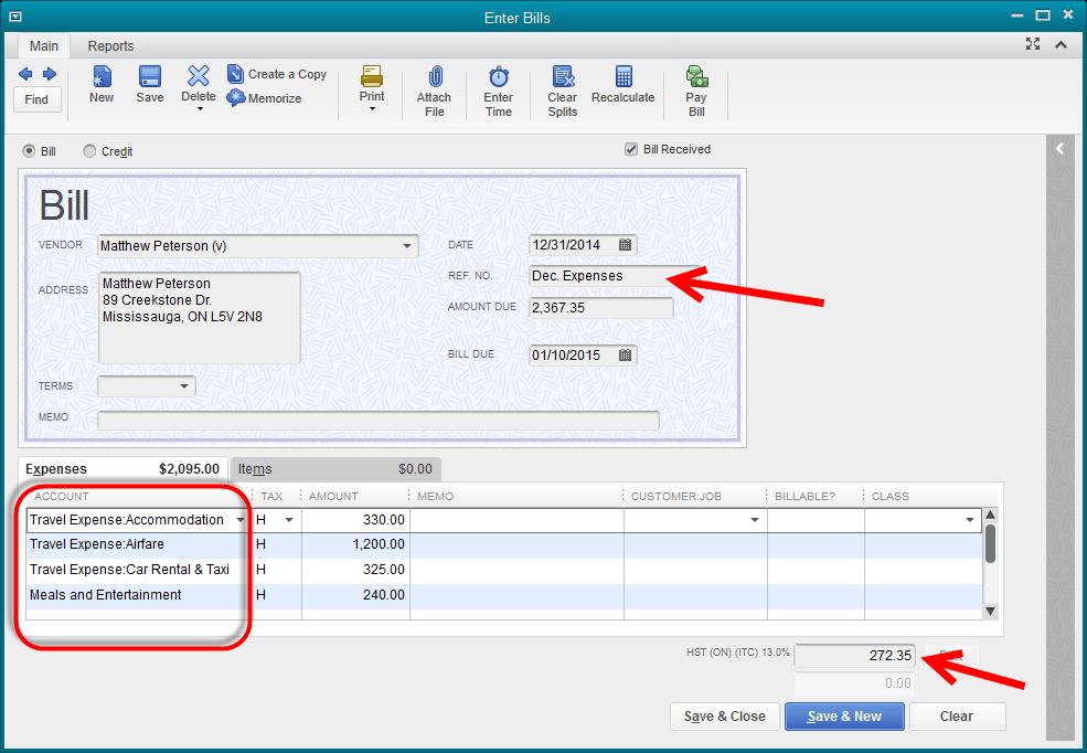 Enter the Expense Report in QuickBooks After completing the expense report, you are ready to enter it into QuickBooks. 1. Go to the Home Page, then click Enter Bills. 2.