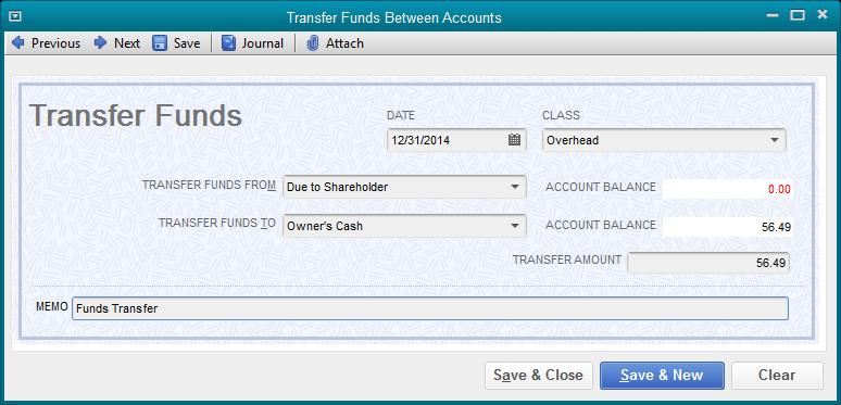 Clearing Owner s Cash After making purchases using the owner s cash account, you can transfer the balance to the shareholder loan account at month end or year end.