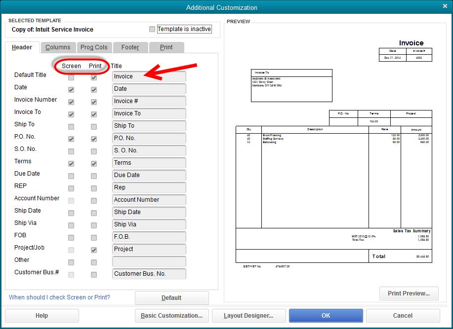 Chapter 2: how your clients use quickbooks part 1 ADDITIONAL CUSTOMIZATION The additional customization window lets you customize the header, footer and columns information on the invoice template.