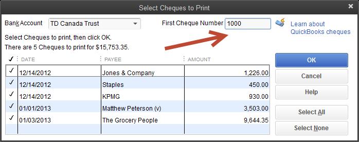 Click Print Cheques and enter the first Cheque number. 9.