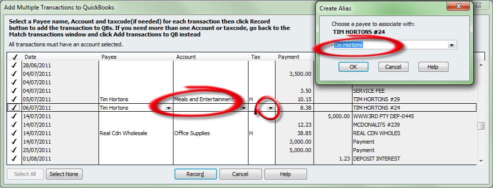 The downloaded bank transactions are listed in the bottom half of the screen. QuickBooks automatically matches transactions that are the same.