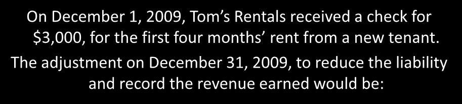 Unearned Revenues On December 1, 2009, Tom s Rentals received a check for $3,000, for the first four months rent from a new tenant.