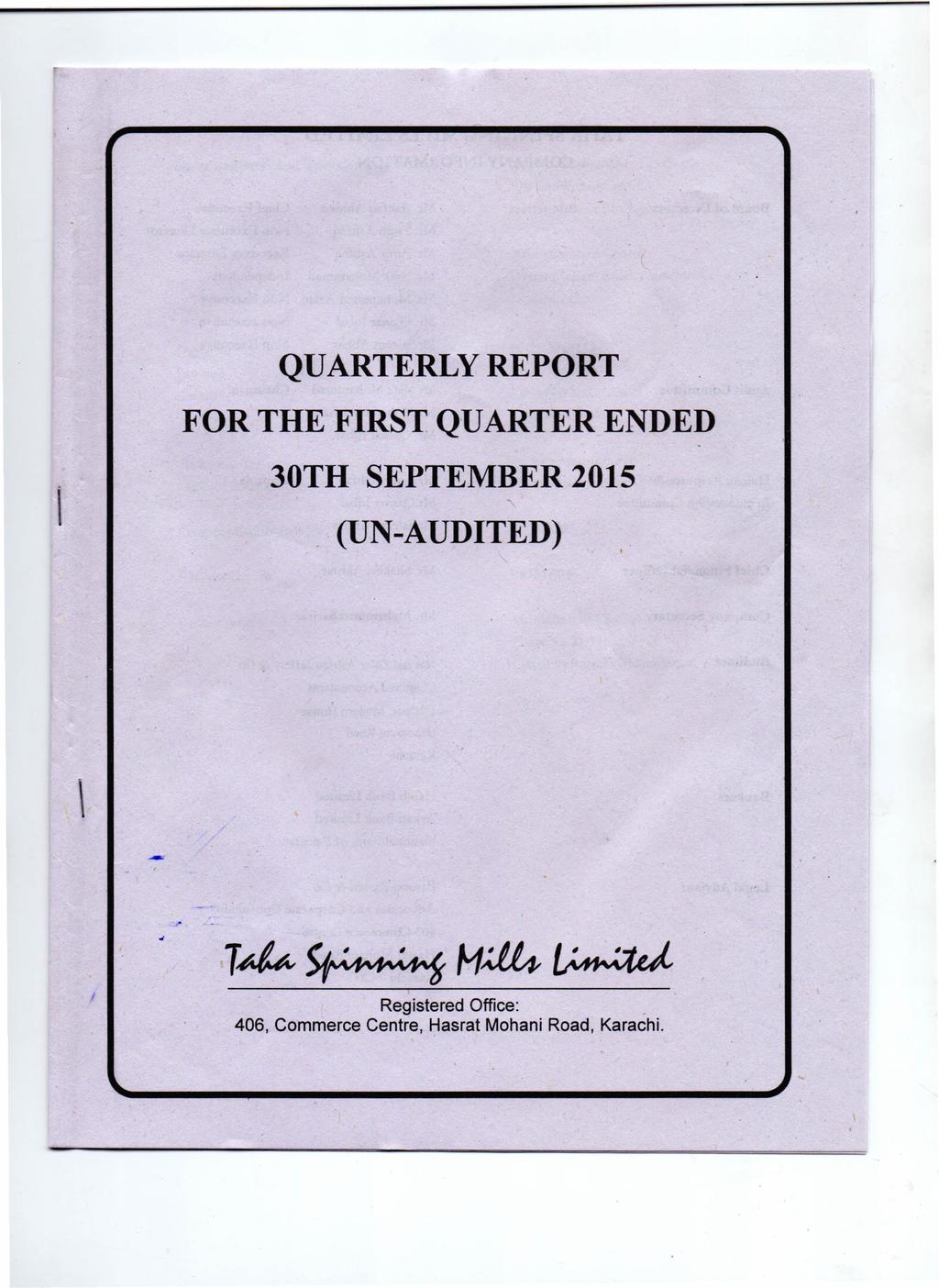 QUARTERLY REPORT FOR THE FRST QUARTER ENDED 30TH SEPTEMBER 2015 ""\.