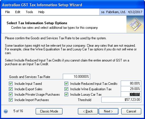 Enter accounts for goods and services taxes that are collected from sales and are paid on purchases. 5. Choose Next to open the Select Tax Information Setup Options window.