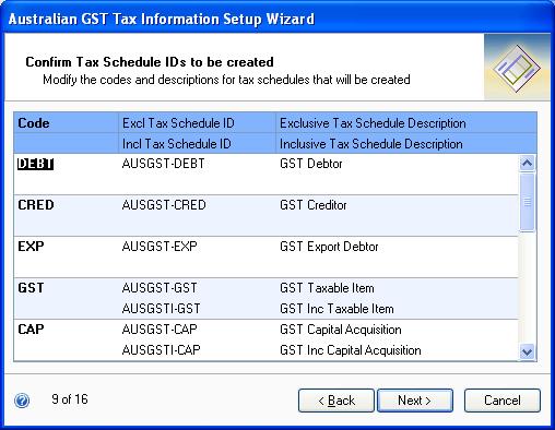 CHAPTER 1 GOODS AND SERVICES TAX SETUP 7. Accept or modify the tax schedules for Australian GST taxes.