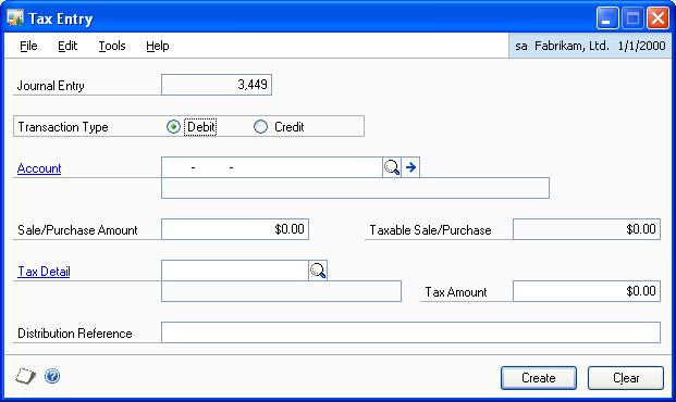 PART 2 PROCEDURES 3. Choose Tax Entry to open the Tax Entry window. 4. Select if the transaction is a debit or a credit. 5. Enter or select the account number of the account. 6.