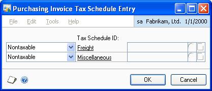 CHAPTER 4 TRANSACTIONS 15. Choose OK to save your changes in the Purchasing Invoice Item Tax Detail Entry window. 16. You can specify separate tax schedules for freight and miscellaneous charges.