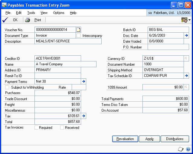 PART 3 ENQUIRIES AND REPORTS To view payables tax information: 1. Open the Payables Transaction Entry Zoom window.