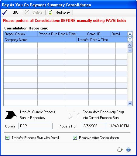 PART 3 ENQUIRIES AND REPORTS After you have consolidated process runs into a single PAYG, you can modify the fields in the Edit Pay As you Go Payment Summary window.