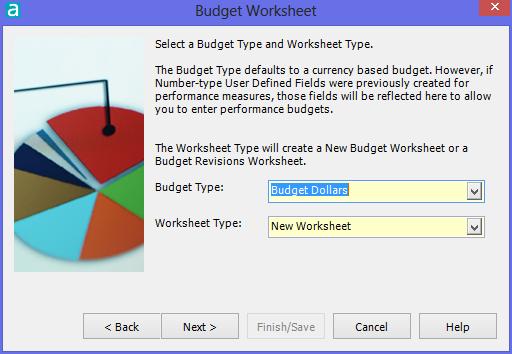 Worksheet Type: Select New Worksheet or Revisions Worksheet. For New budgets - select "New Worksheet" as the worksheet type. For Revisions Worksheet- select "Revisions Worksheet".