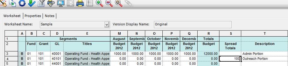 Put amount in the spread total column & tab out to spread across the months evenly.