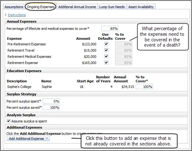 NaviPlan Premium Resurces Survivr incme Onging Expenses tab Figure 6: Set