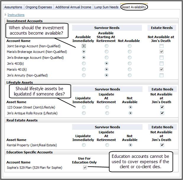 NaviPlan Premium Learning Guide: Set insurance gals Survivr incme Asset Availability tab Figure 8: Set Gals sectin Survivr Incme categry Client Objectives page Asset Availability tab If the client r