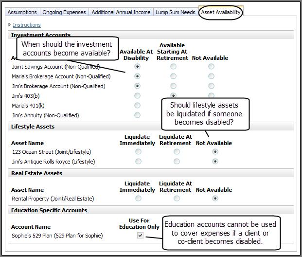 NaviPlan Premium Learning Guide: Set insurance gals Disability incme Asset Availability tab Figure 13: Set Gals sectin Disability Incme categry Client Objectives page Asset Availability tab If the