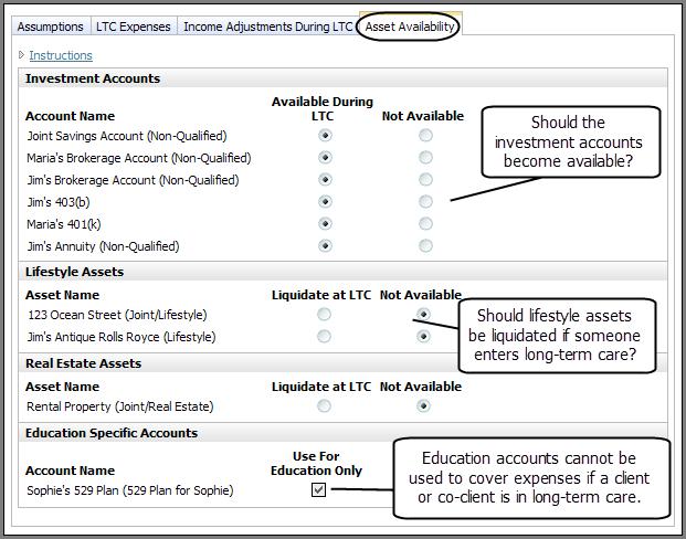 NaviPlan Premium Resurces Lng-term care Asset Availability tab Figure 18: Set Gals sectin Lng-term Care categry Client Objectives page Asset Availability tab Key pints Use this tab t identify which
