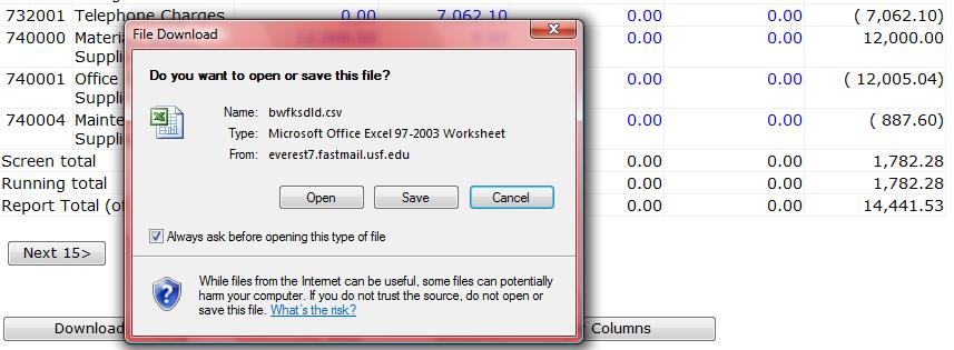 Appendix C Downloading Queries to Spreadsheet 2. Choose Open from the File Download window. 3.