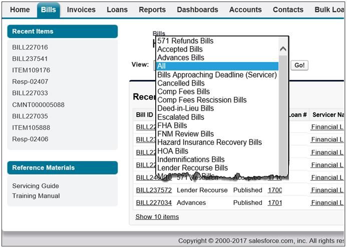 6.1 Viewing Bills Under the View dropdown menu, bills can be filtered by bill type or bill status. Select the appropriate View dropdown name and click Go.