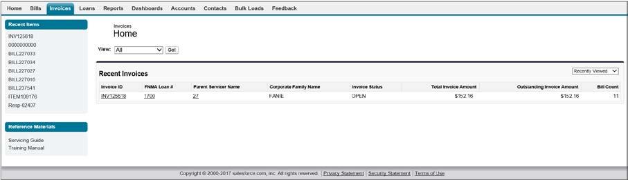 8) Invoices Tab The Invoices tab Home page displays a quick view of your invoices.