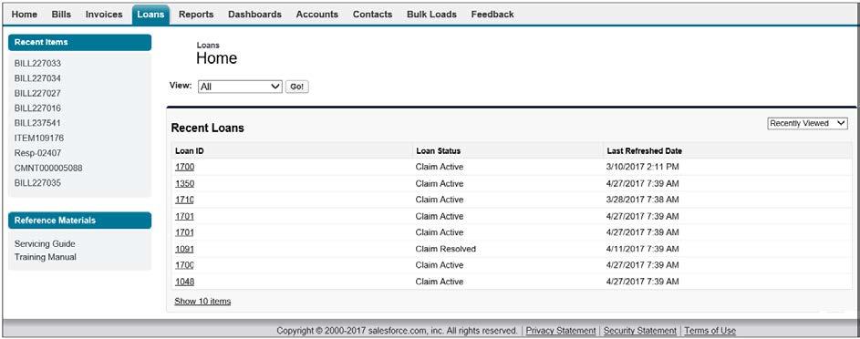 9) Loans Tab The Loans tab Home page displays all recently viewed or updated loans.