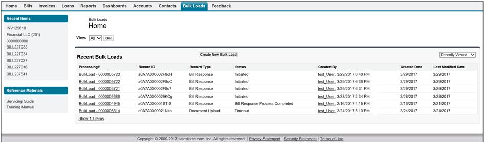 13) Bulk Upload Tab The Bulk Loads tab Home page provides a method to upload response files and supporting documents for multiple bills.