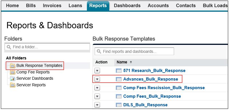 13.1 Bill Response Bulk Upload Document Preparation To do a Bill Response, upload follow the steps below: 1. Click Reports tab. 2. Click Bulk Response Templates and select appropriate template.