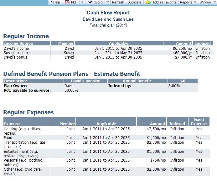 Figure 84: Cash Flow report You can use the options at the top right of the report as follows: To generate a printer-friendly report, click the PDF or the Word button.