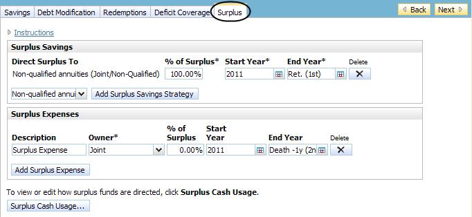 Figure 91: Enter Financial Data section Strategies category Surplus page (Level 2 Plan, Detailed Tax method) 3.
