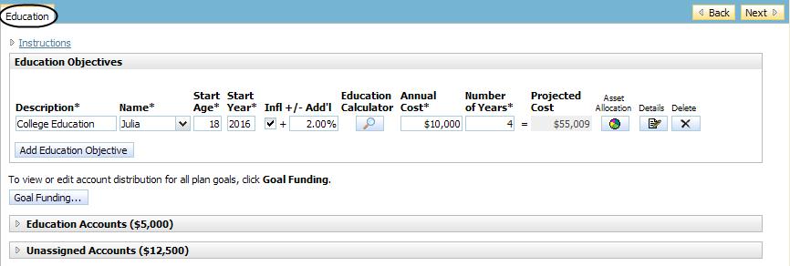Figure 108: Set Goals section Education category Education page (Level 2 Plan) 2.
